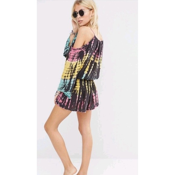 Surf Gypsy Tie Dye PlaysuitDress Off Shoulder Hippie Boho Whimsigoth Beach Sz S - Picture 3 of 13